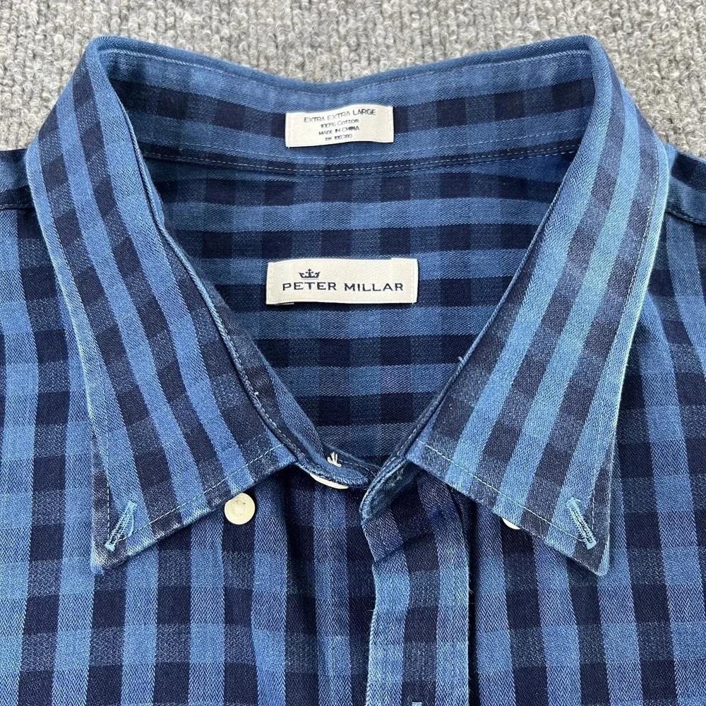 Peter Millar Men's XXL Blue Gingham Check Button Down Shirt  100% Cotton‎